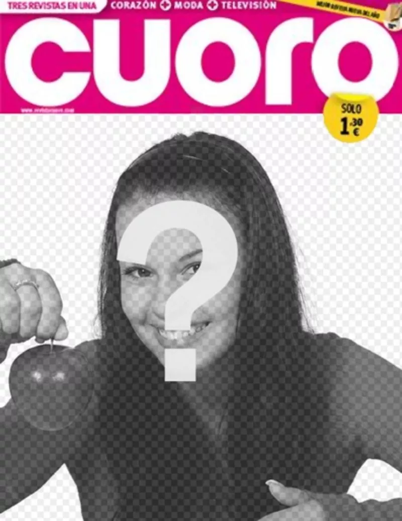 La tua foto in una cornice che simula la copertina di una rivista tabloid chiamato Cuoro. ..