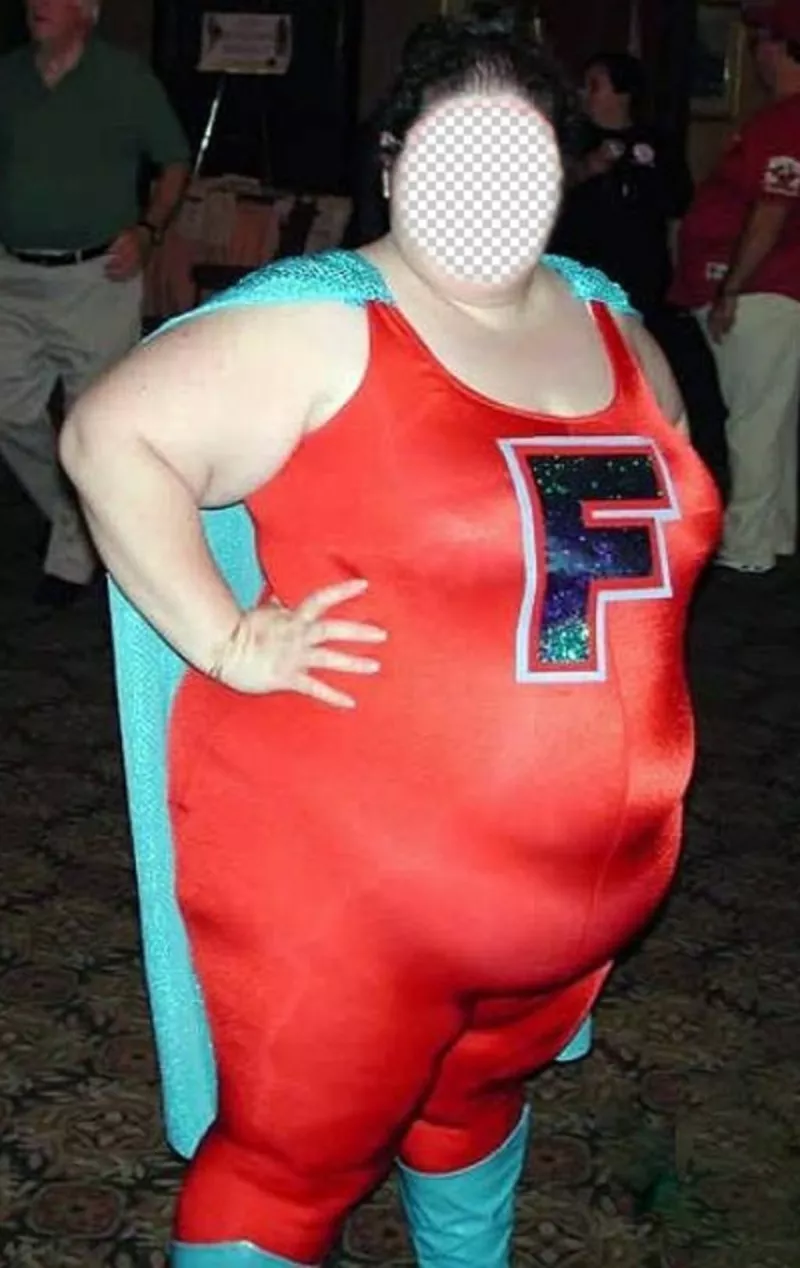 donna molto grassa con il costume super-eroina di mettere la vostra faccia ..