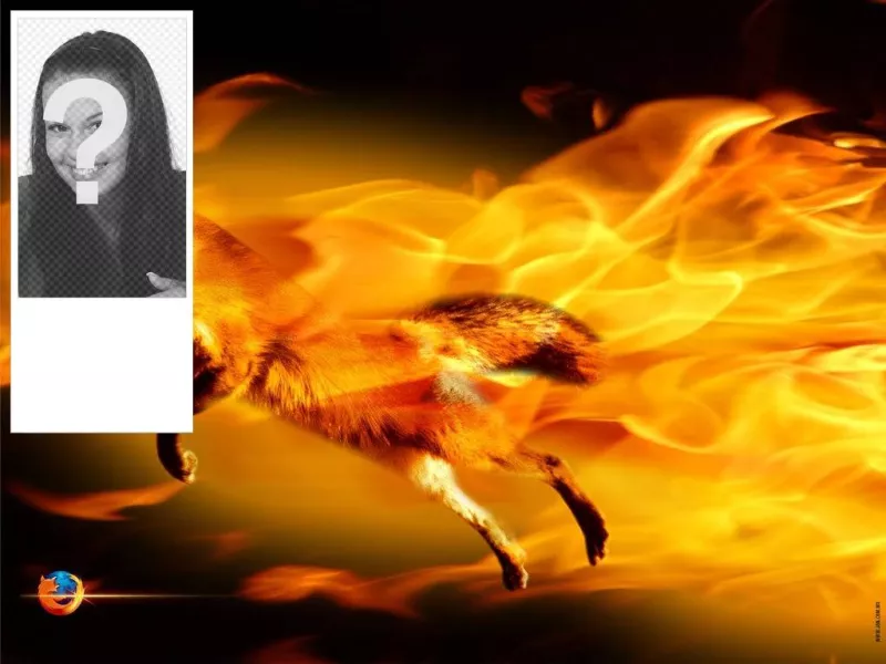 Inserisci la tua foto in questa cornice per foto con una volpe circondata dalle fiamme del fuoco, i colori arancio e..