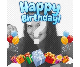 fotomontaggio per rendere il vostro fotografare biglietto dquotauguri composizione di buon compleanno in blu scheda e decorato palloncini colorati e doni