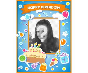 carta di compleanno per congratularmi il compleanno e mettere foto online torta palloncini e regali effetto adesivo