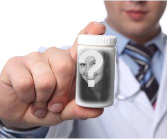fotomontaggio di mettere tua foto in bottiglia di pillola tenuto da un medico e personalizzato testo online