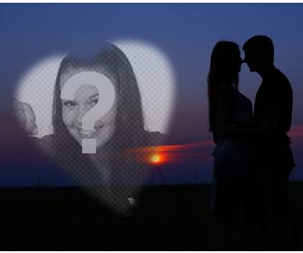 fotomontaggio coppia in amore un tramonto sullo sfondo e un cuore di mettere foto romantica
