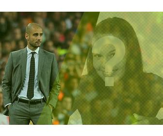 creare un fotomontaggio pep guardiola un campo di calcio e foto di voi un filtro verde e frase che desidera