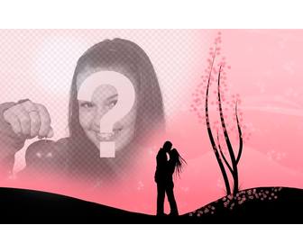 crea un fotomontaggio romantico questa immagine di coppia che bacia in un paesaggio fiori rosa e limmagine carica online