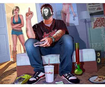 fotomontaggio un gta v illustrazione in cui ce un ragazzo nel suo salotto giocare videogame e sua ragazza e arrabbiato porta