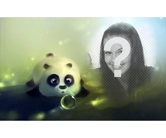 fotomontaggio un panda disegnato soffia bolla di sapone e un buco sulla destra per mettere foto