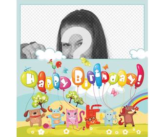 carta colorata piena di animali e palloncini per augurare buon compleanno metti tua foto sul