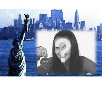 personalizzabile il tuo cartolina illustrata vecchia foto della statua della liberta e new rk city sfondo blue
