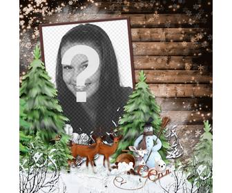 photo frame un paesaggio invernale innevato un cervo e un pupazzo di neve