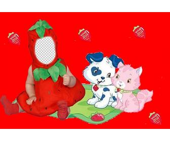 costume virtuale per i bambini di fragola sfondo rosso e cuccioli