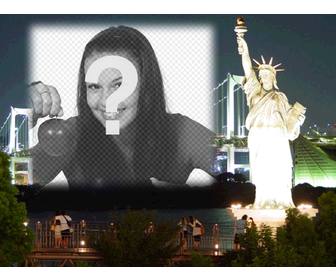 fotomontaggio di fare un biglietto personalizzato tua foto new rk di notte verso il basso vicino statua della liberta