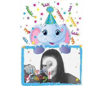 scheda di compleanno in cui comprendera fotografia tenuto da un elefante blu fondo di partito