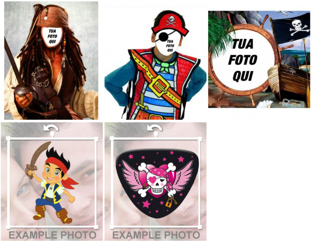 Diversi tipi di fotomontaggi con il tema dei pirati.