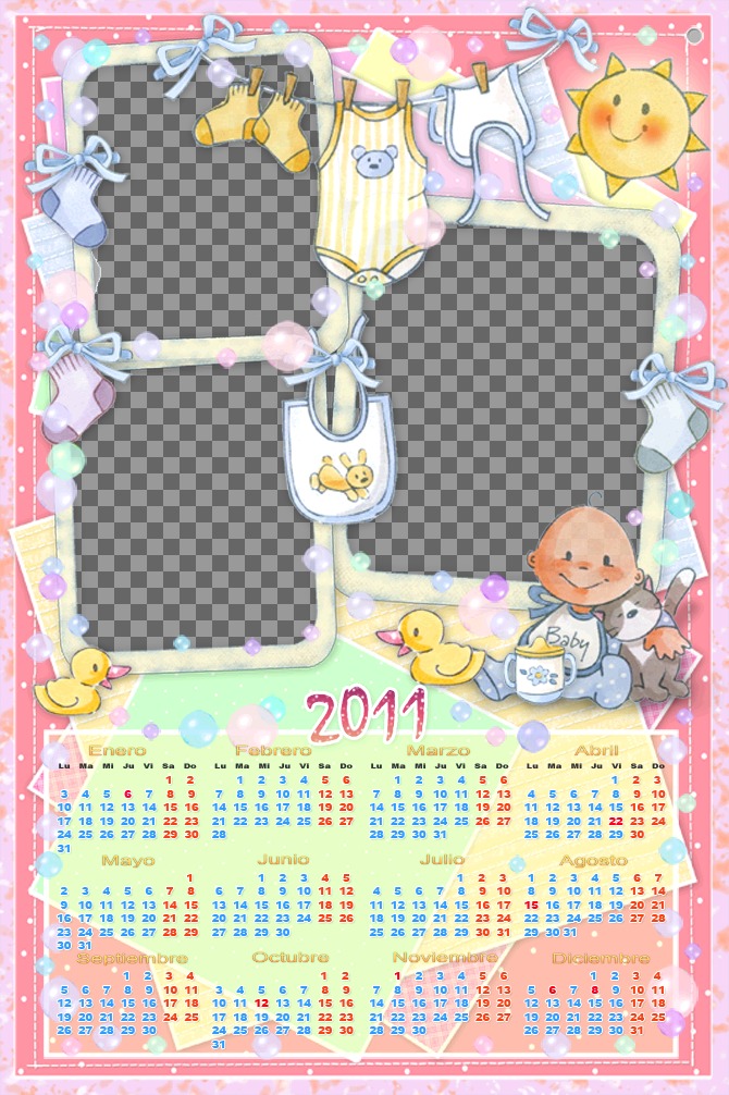 calendario personalizzabile con 3 foto del 2011. Soprattutto per bambina, da prevalentemente rosa. Vedere un abito blu per bambini e vestiti per bambini appesi tra bolle di sapone e un sole..