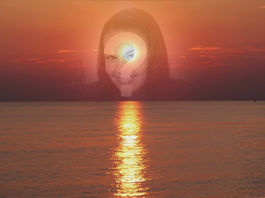Collage foto di un tramonto, nei toni del rosso, con una faccia tagliata o una fotografia. Ciò appare in trasparenza, concentrandosi..