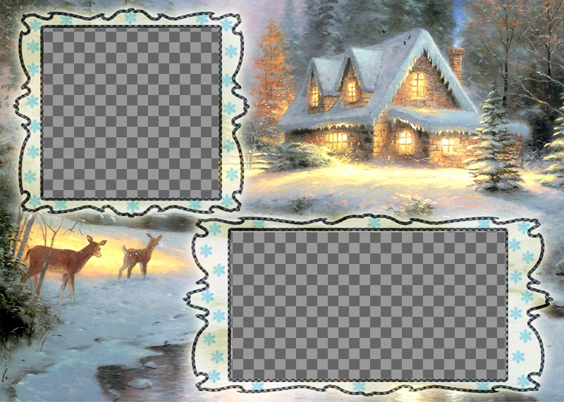 Cartolina di Natale di ricarica dove si può mettere due immagini, lo sfondo villaggio nevoso ed un..