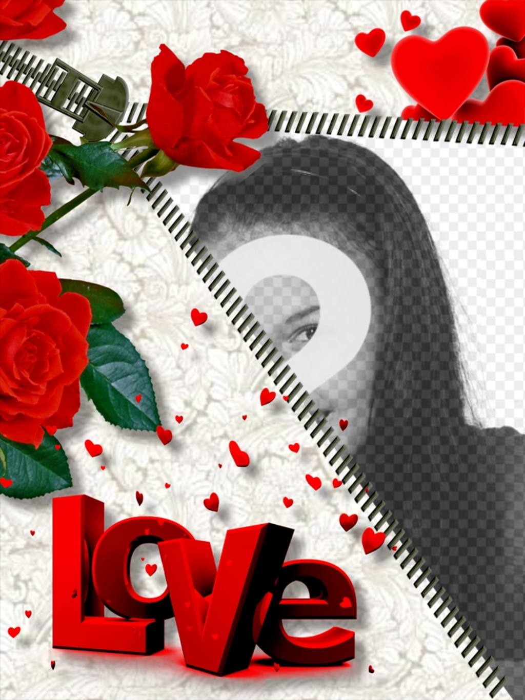 Cornice foto online LOVE, che include la foto che si desidera durante l'apertura di una cerniera. Roses adornano..