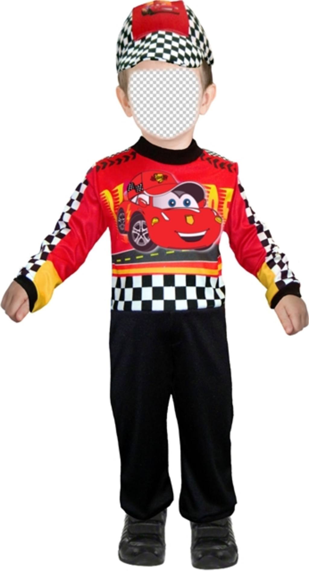 fotomontaggio personalizzabile di un bambino vestito come un pilota di auto da corsa ..