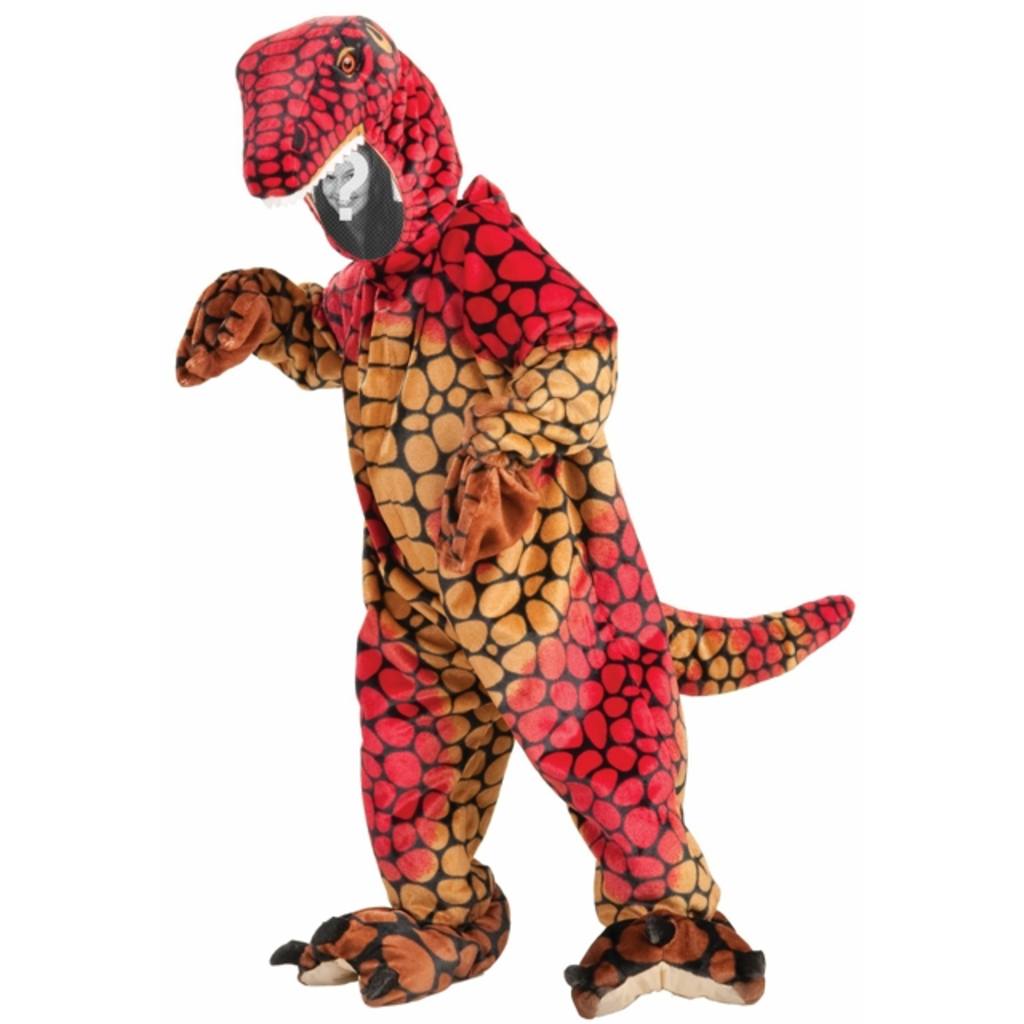 Creare fotomontaggi con questa fotografia di un bambino vestito di un dinosauro arancione. ..