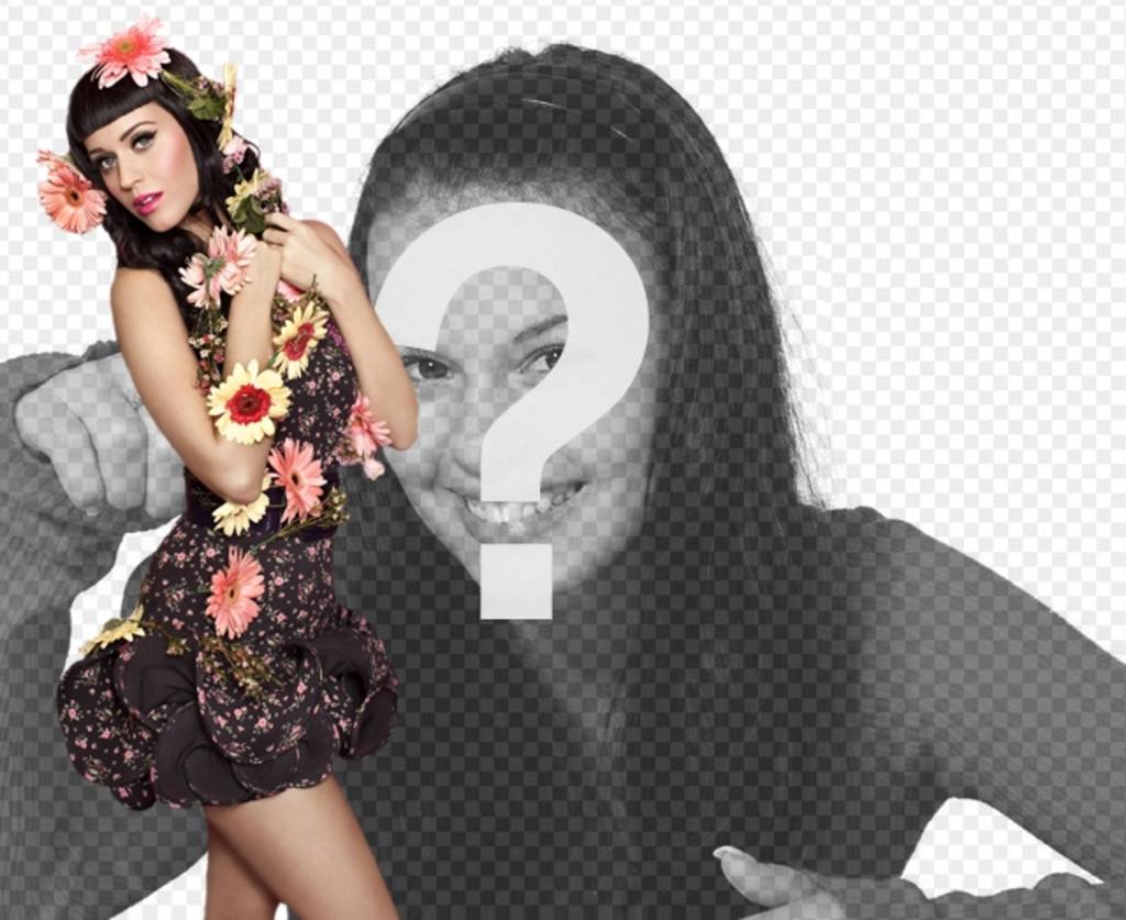 Fotomontaggio con la cantante Katy Perry con i fiori e lo stile Pinup con abito nero e capelli neri con il..