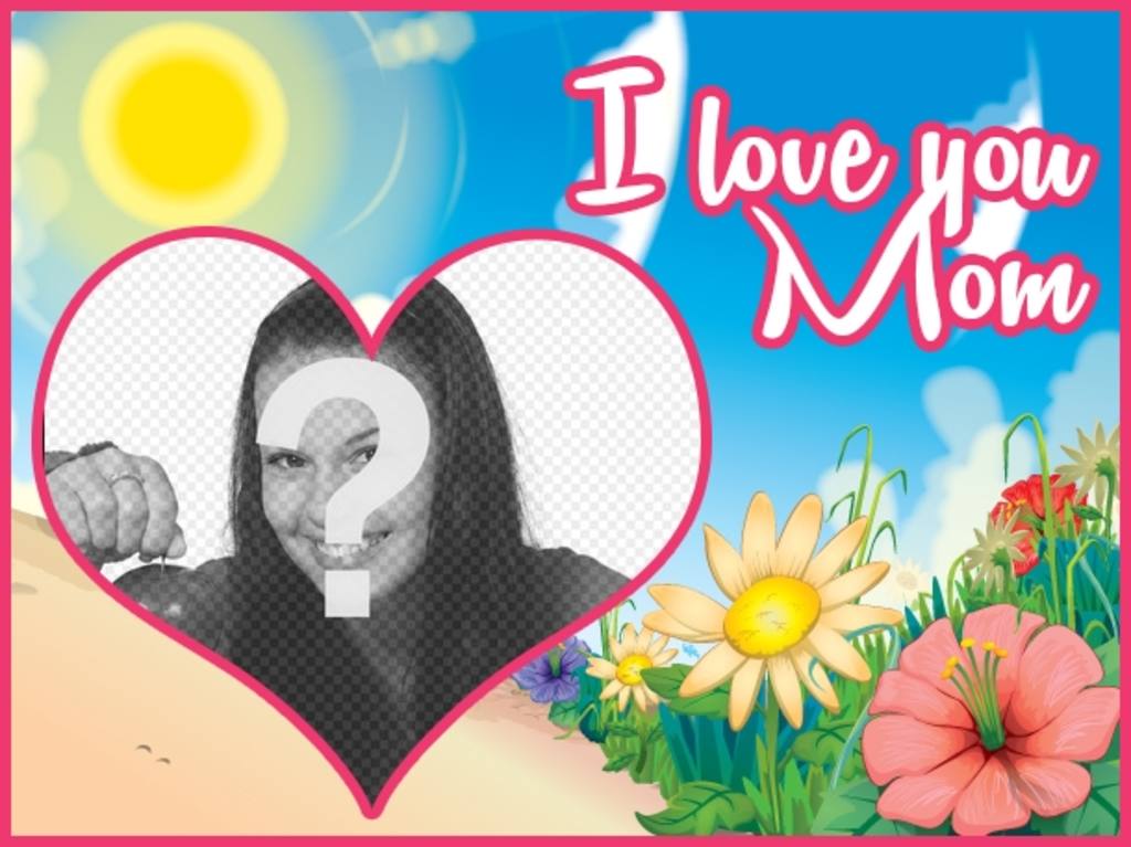 Festa della mamma cartolina personalizzabile con una foto e un testo con la frase "Ti amo mamma" su un paesaggio cartone animato..