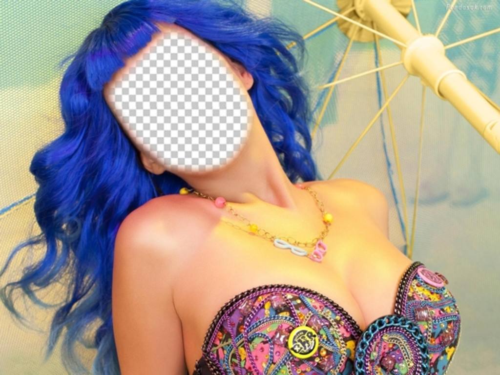 Fotomontaggio di Katy Perry con i capelli blu per mettere il ..
