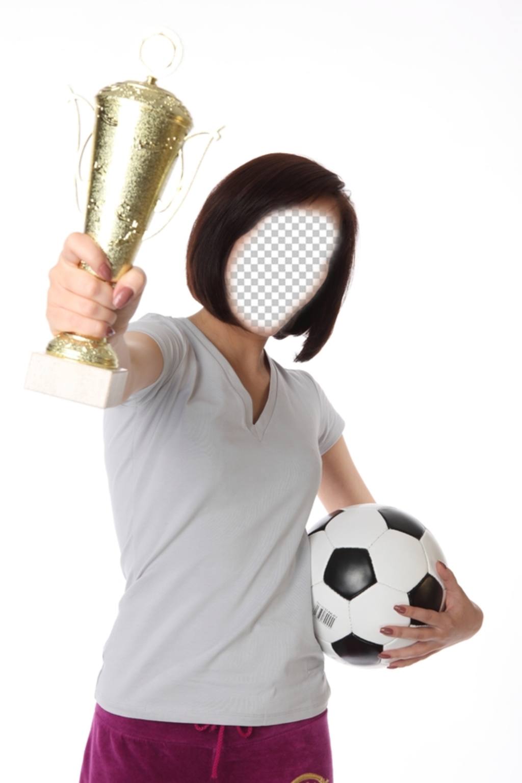Fotomontaggio con un calciatore ragazza in possesso di un trofeo e un pallone da calcio ..