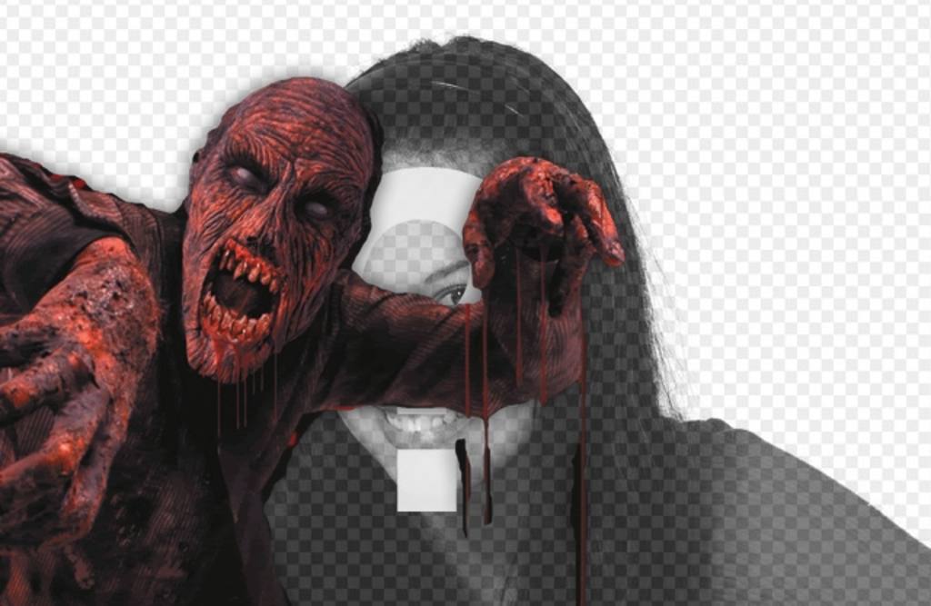 Fotomontaggio di mettere un sanguinoso zombie rosso in una foto e aggiungere testo..