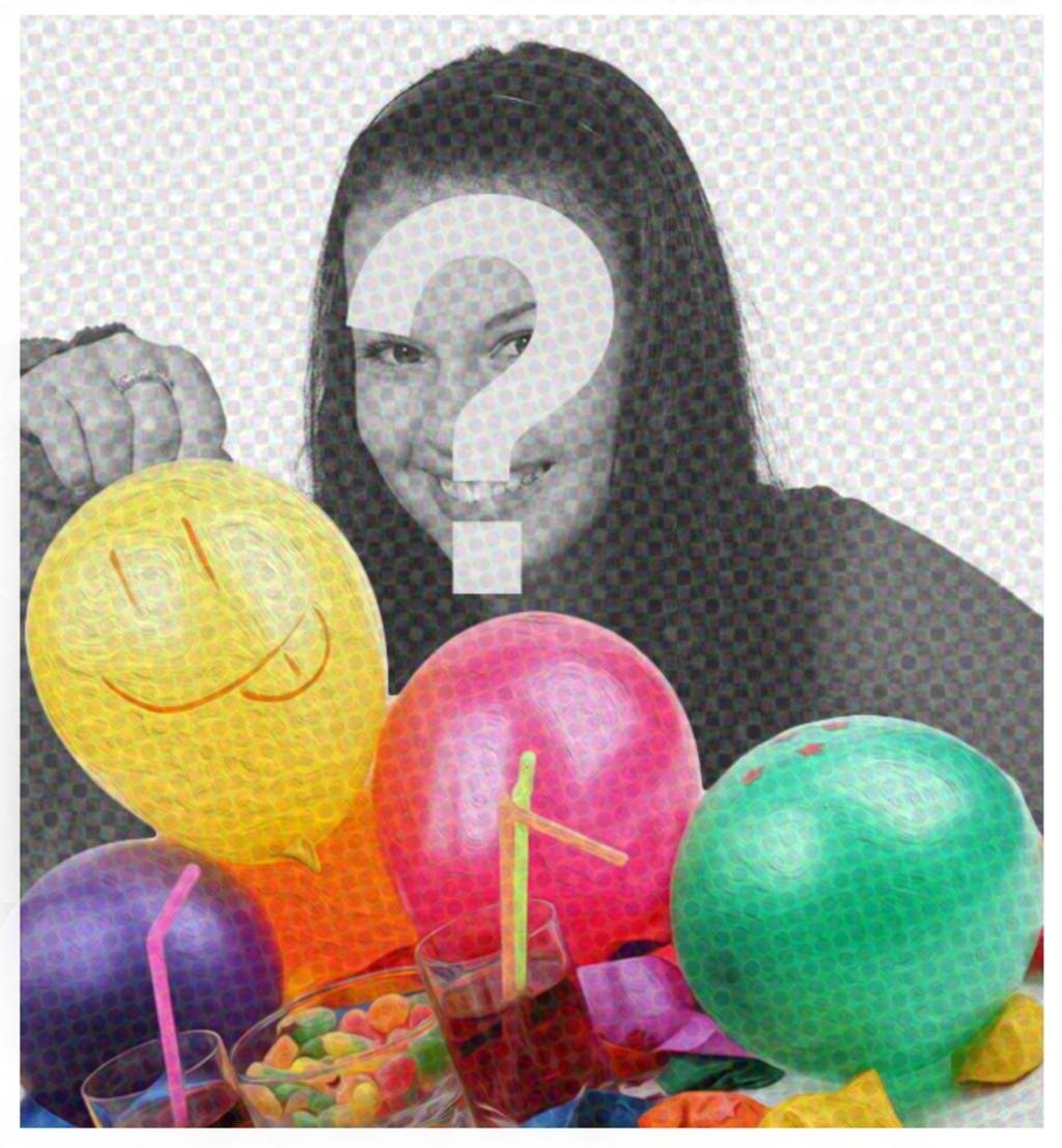 Scheda di compleanno con filtro fumetto e alcuni palloni per inserire limmagine sullo sfondo e mi congratulo con..