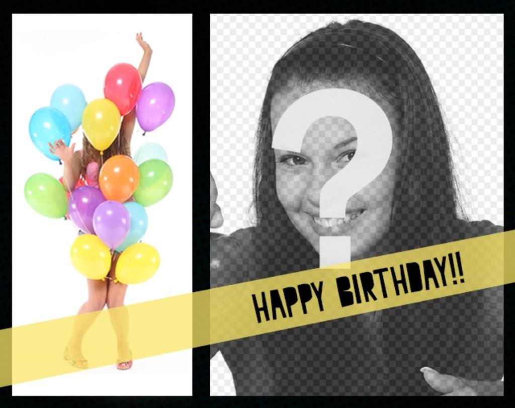 Cartolina di compleanno con una ragazza coperta di palloncini colorati e una cornice in cui è possibile inserire la foto che si..