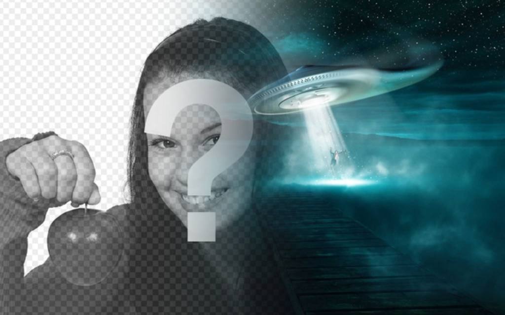 Creare un fotomontaggio con un rapimento alieno sullo sfondo, dove un UFO vuole una persona di notte su un..