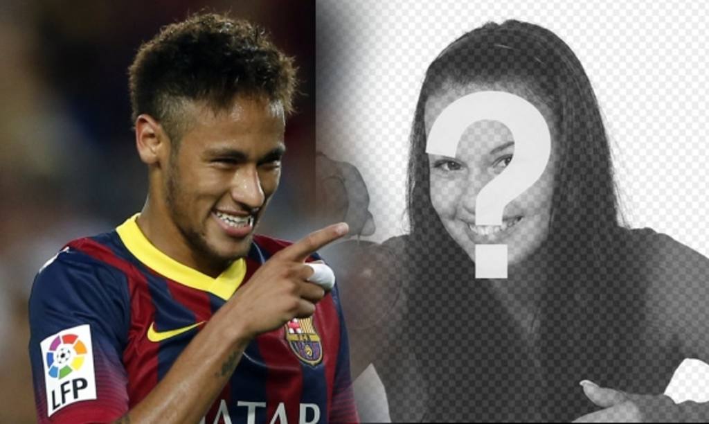 Neymar Jr. fotomontaggio con il giocatore di calcio di puntamento e sorridente verso la fotografia che si carica. ..