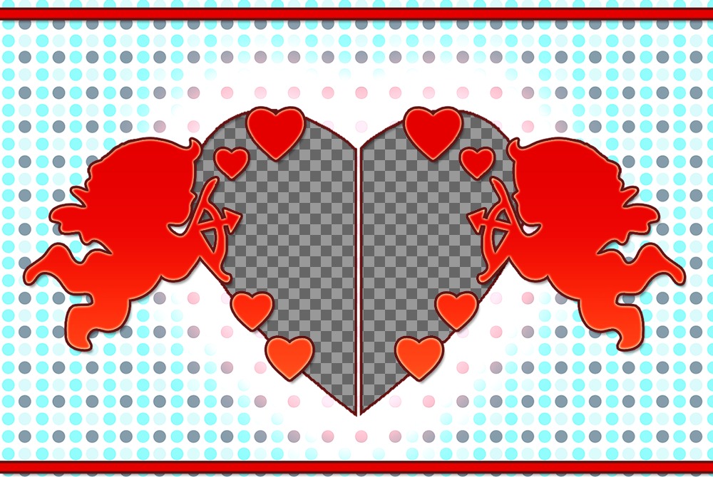 Telaio con gli angeli Cupido e un cuore diviso a due fotografie. ..