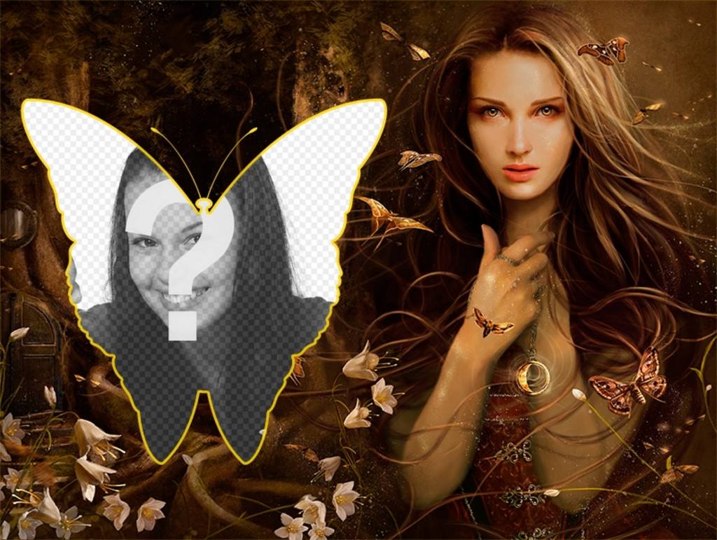 Collage romantico pieno di farfalle e campane, con una ragazza della foresta. ..