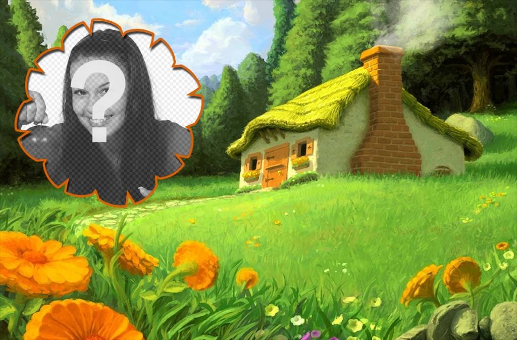 Collage con una casa in mezzo al bosco, circondato da fiori darancio. ..