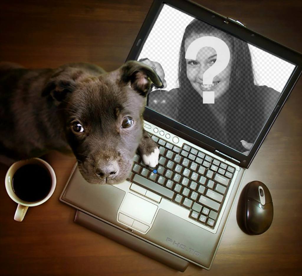 Collage con un cucciolo che giocano su un computer in cui si può mettere la vostra fotografia. ..