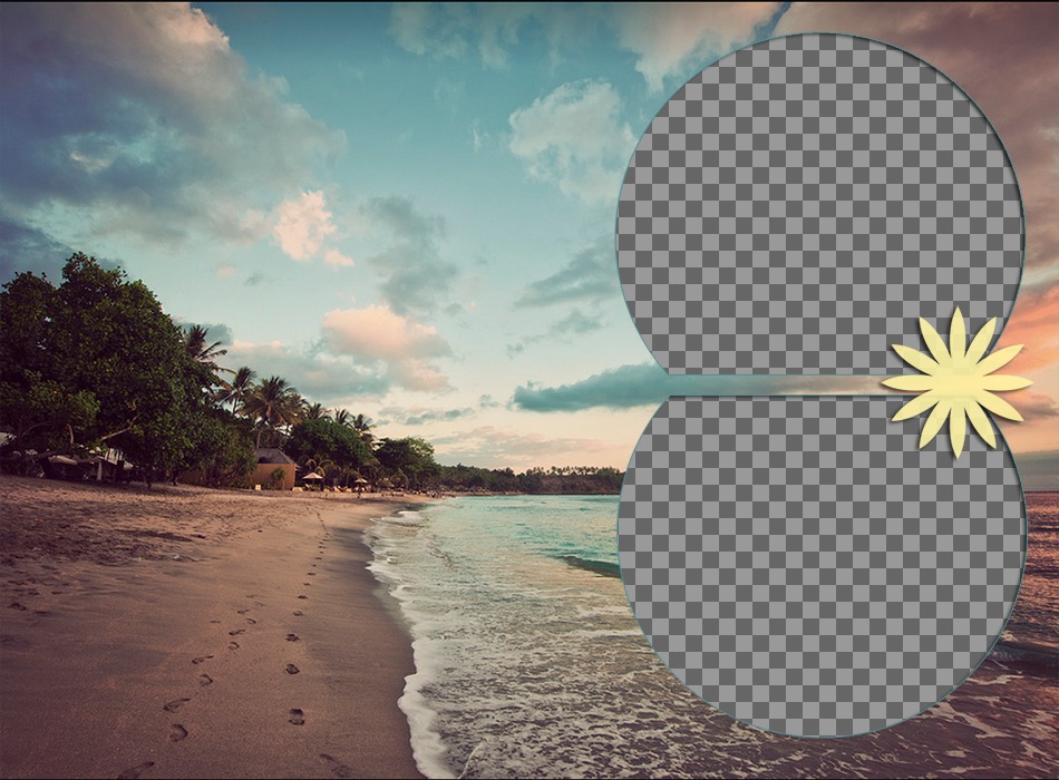 Collage di amore su una spiaggia tropicale di mettere due foto sul mare mentre il sole scende. ..