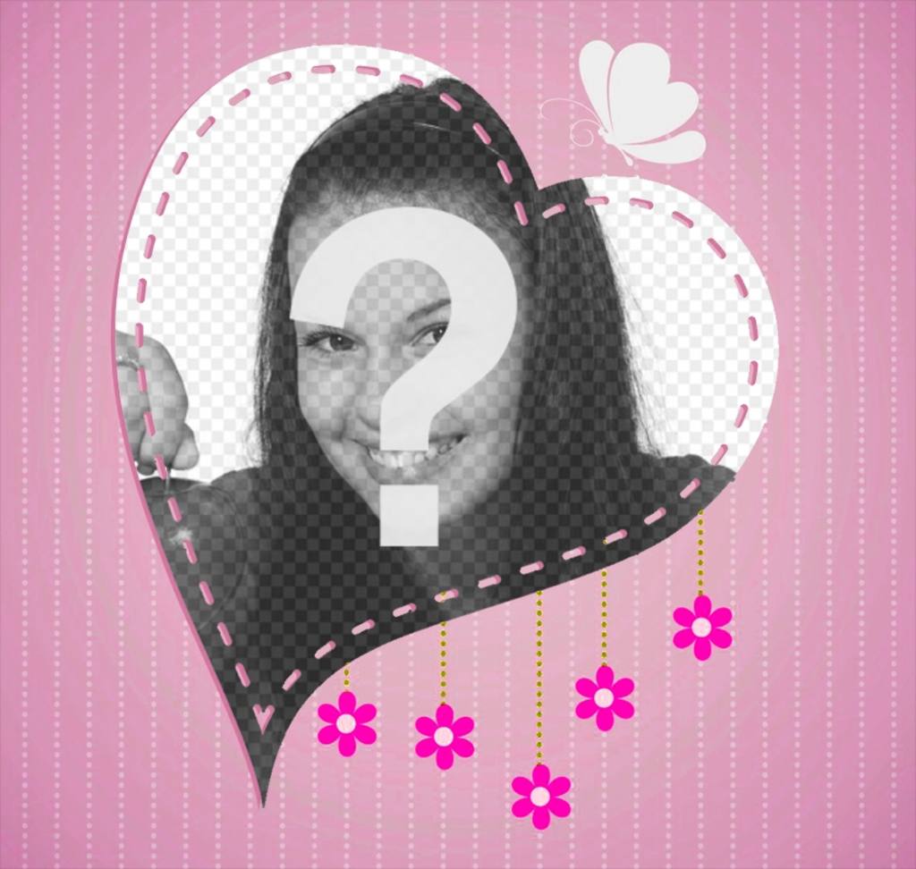 Cuore a forma di cornice su sfondo rosa con linee tratteggiate, farfalle e fiori. ..