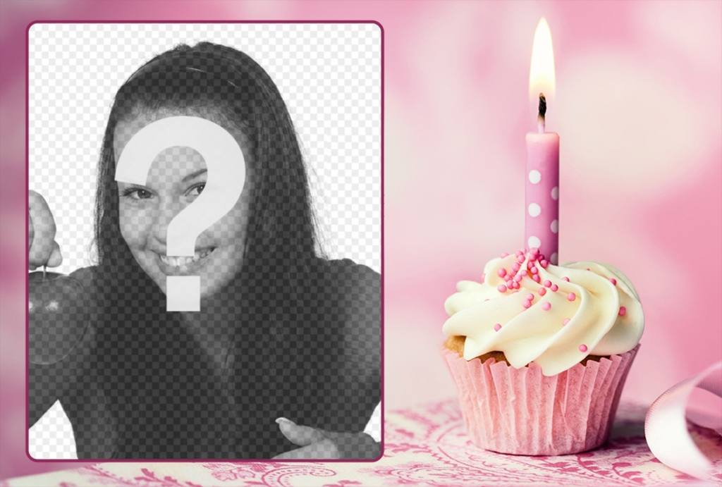 ZIP rosa compleanno incorniciato foto e un cupcake con una candela. ..