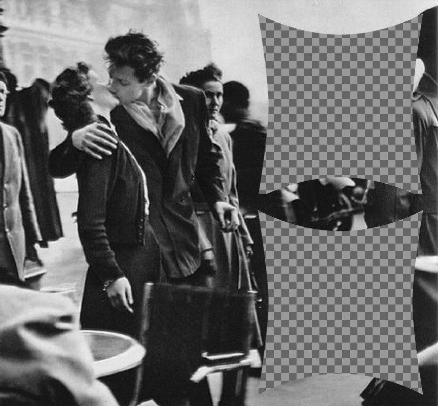 Collage di due immagini con una scena storia damore a Parigi negli anni 50 ..