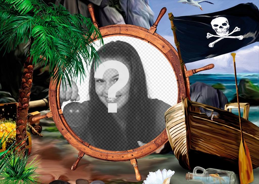 Composizione con una bandiera dei pirati, una nave e tesori, per mettere la tua foto su un timone. Docks ..