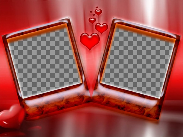 Frame per due foto con sfondo rosso e di cuori. Ideale per gli amanti del giorno di San Valentino. Molto..
