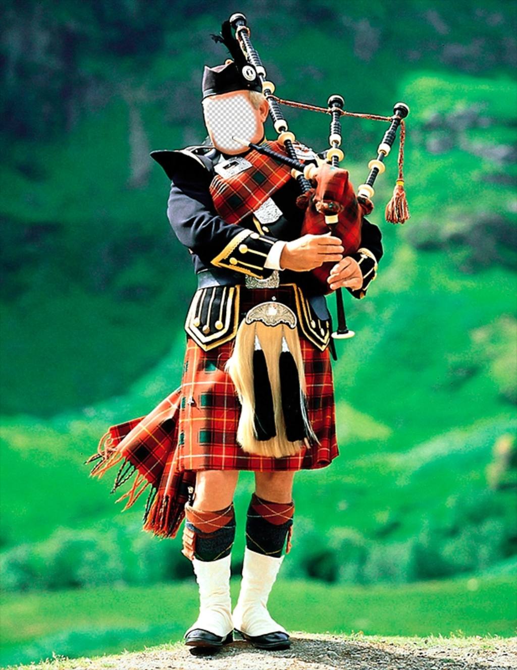 Fotomontaggio con un tipico suonatore di cornamusa scozzese per aggiungere il tuo volto ..
