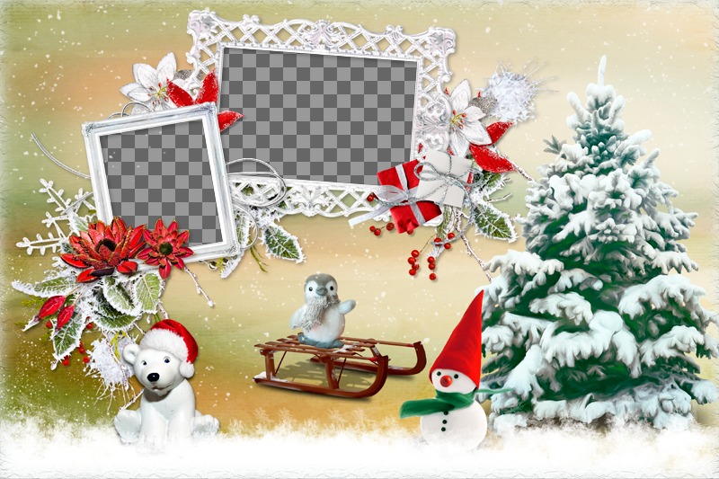 Collage di Natale con due foto accanto a un albero e vari animali. ..