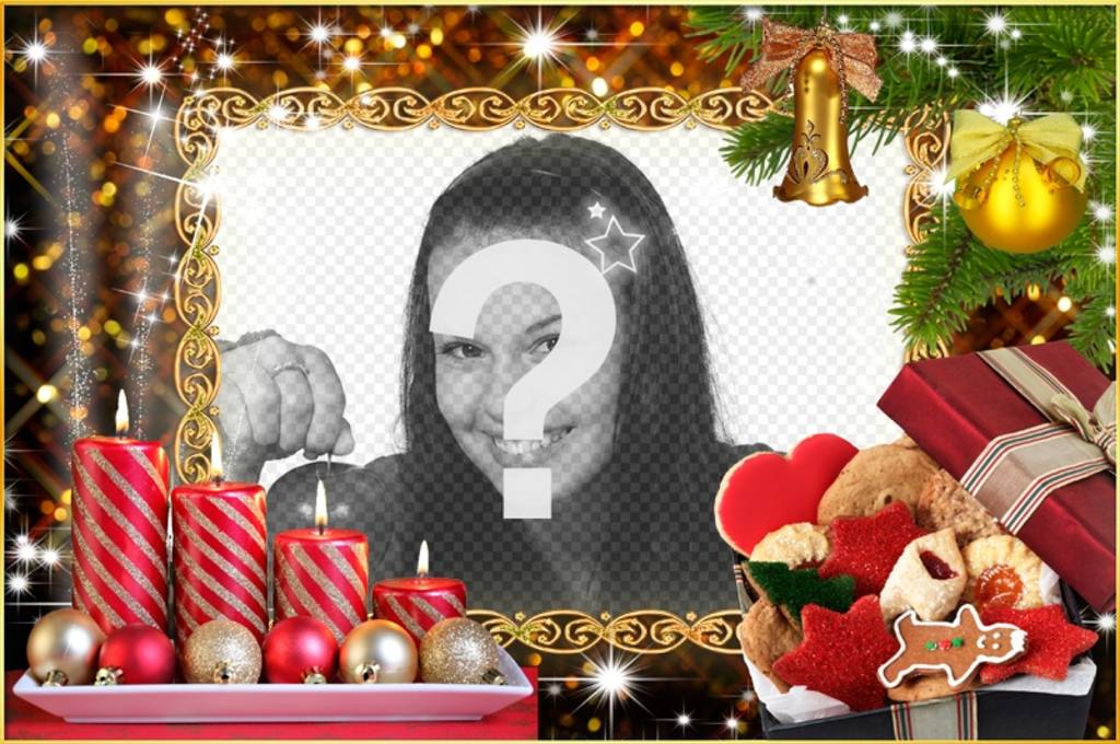 Photo frame di Natale con quattro candele e ghirlande di Natale. ..