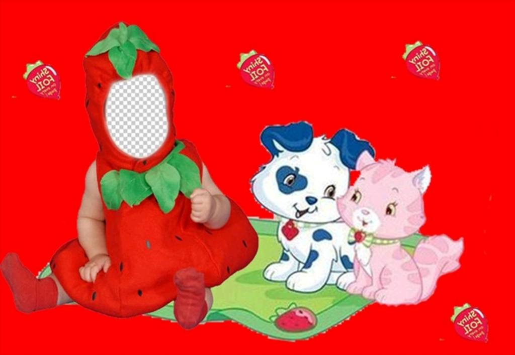 costume virtuale per i bambini di una fragola con uno sfondo rosso e cuccioli ..