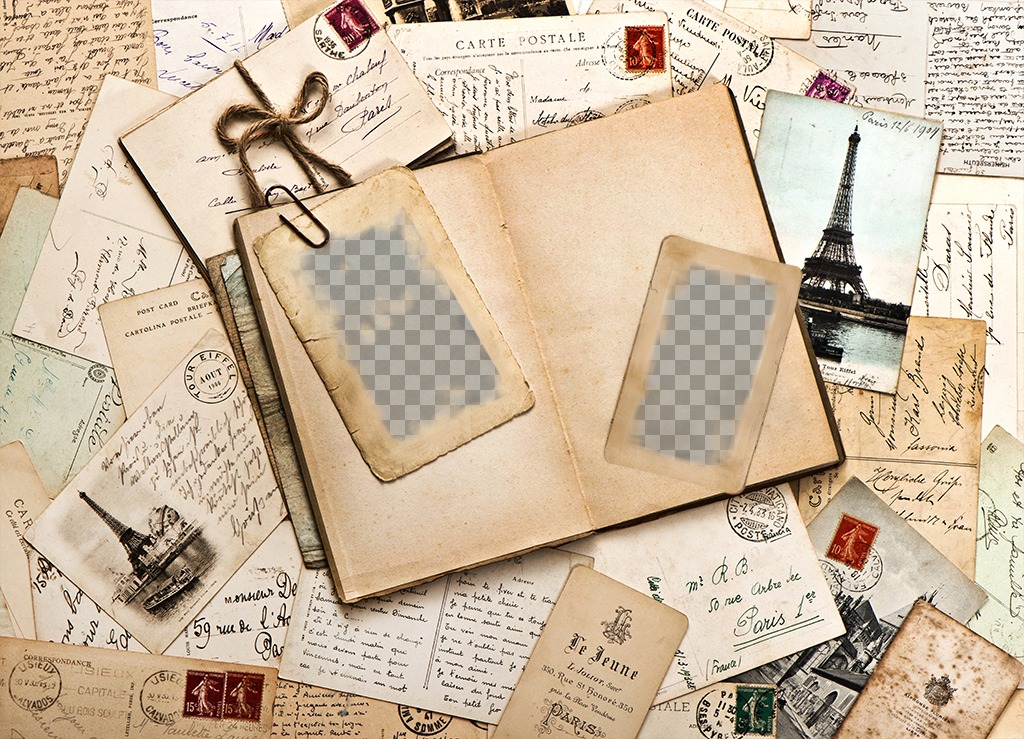 Effetto Foto depoca di lettere e un diario per 2 foto. Aggiungere due foto a questo effetto vintage foto con molte lettere e un diario. Condividi questo collage con i tuoi..