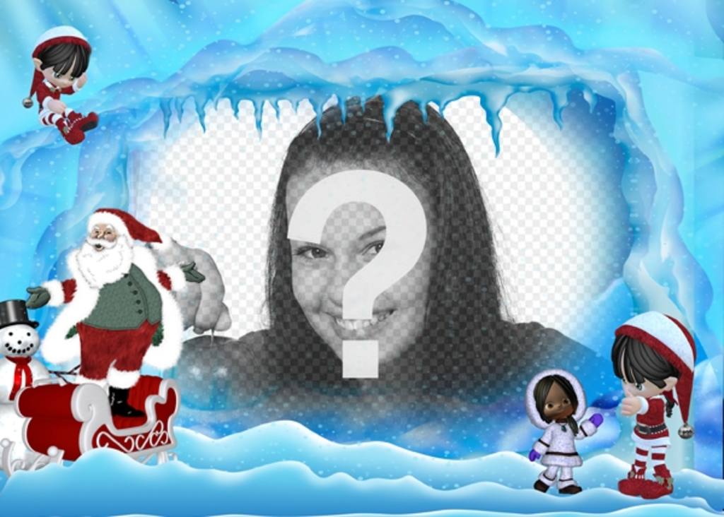 Cartolina di Natale di Babbo Natale sul paesaggio ghiacciato. Dove si può mettere una foto..