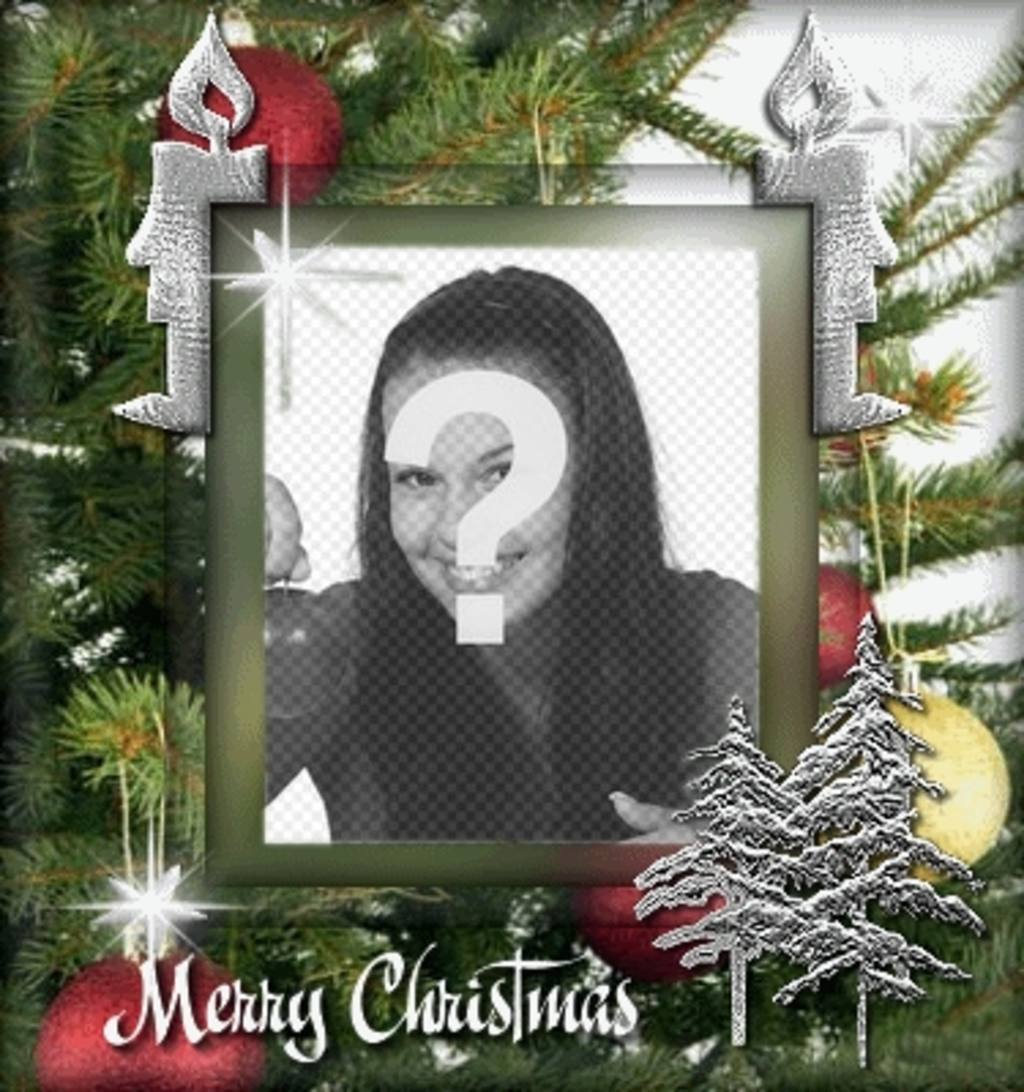 Cartolina di Natale con una fotografia. Sfondo di albero di Natale, con..